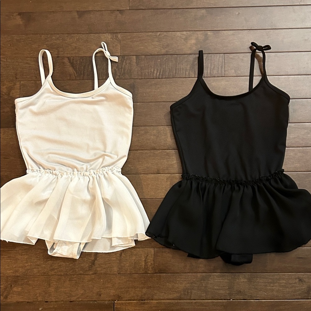 Lot of 2 Dance Leotards w/Skirt Attached Rhythm Studio White & Black, Girls 7/8